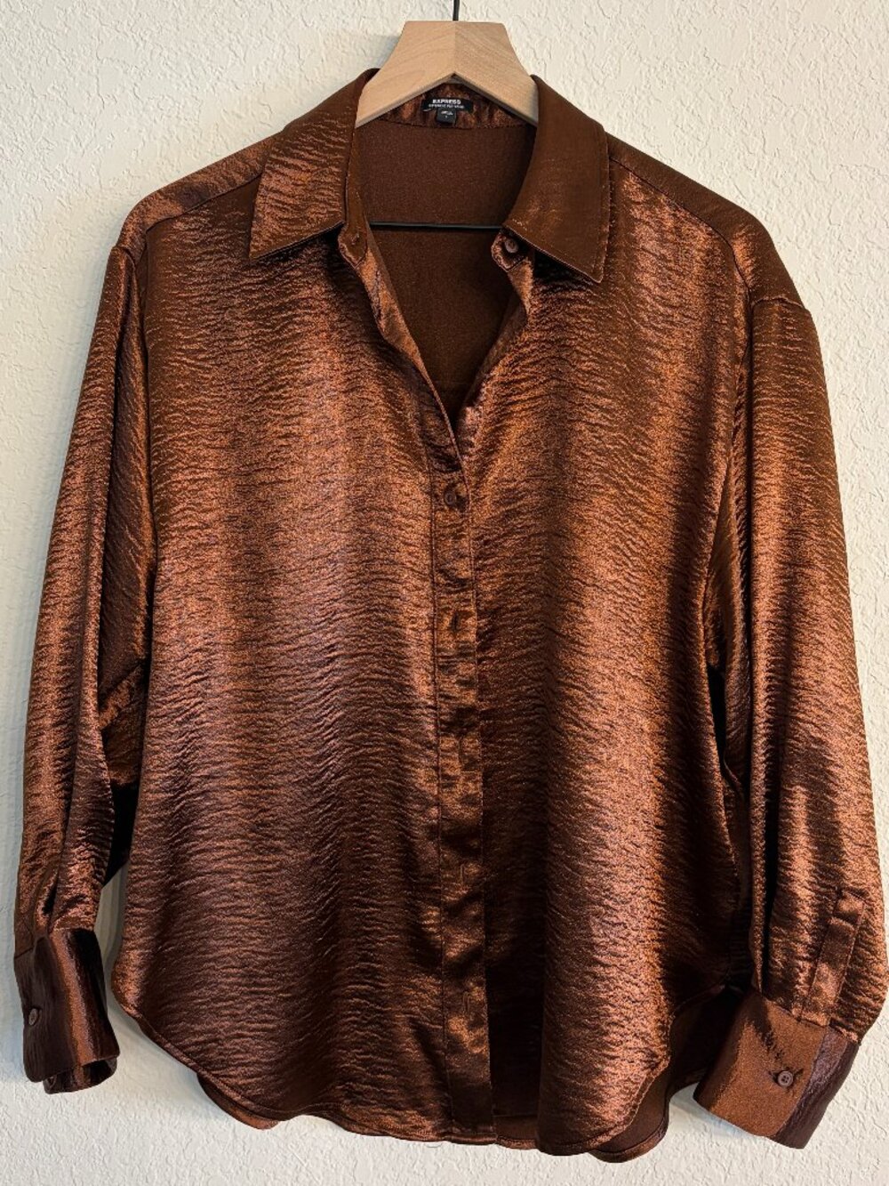 Express Boyfriend Portofino Shirt Size S Brown Bronze Satin Look